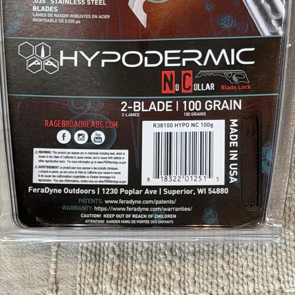 Rage Hypodermic No Collar SlipCam Broadheads 2-Blade 100 Grain (3 Pack)